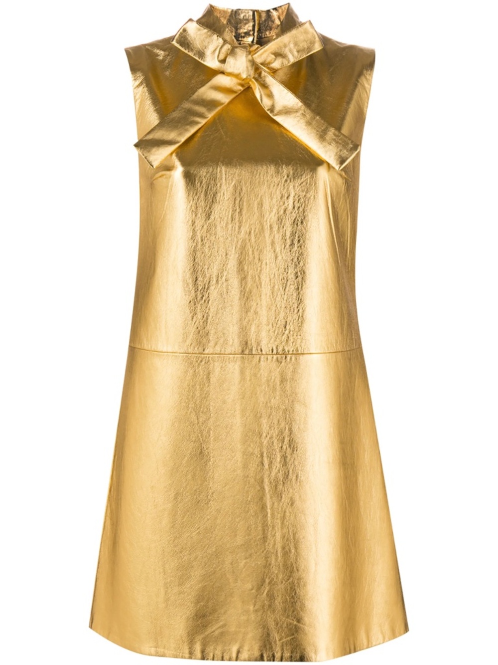 PRADA Tie-Neck Leather Shift Dress in Gold Size IT 38